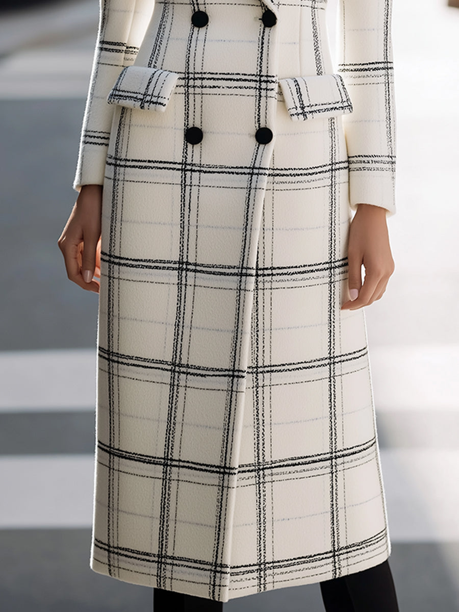 White And Black Checkered Longline Double-Breasted Coat