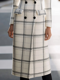 White And Black Checkered Longline Double-Breasted Coat