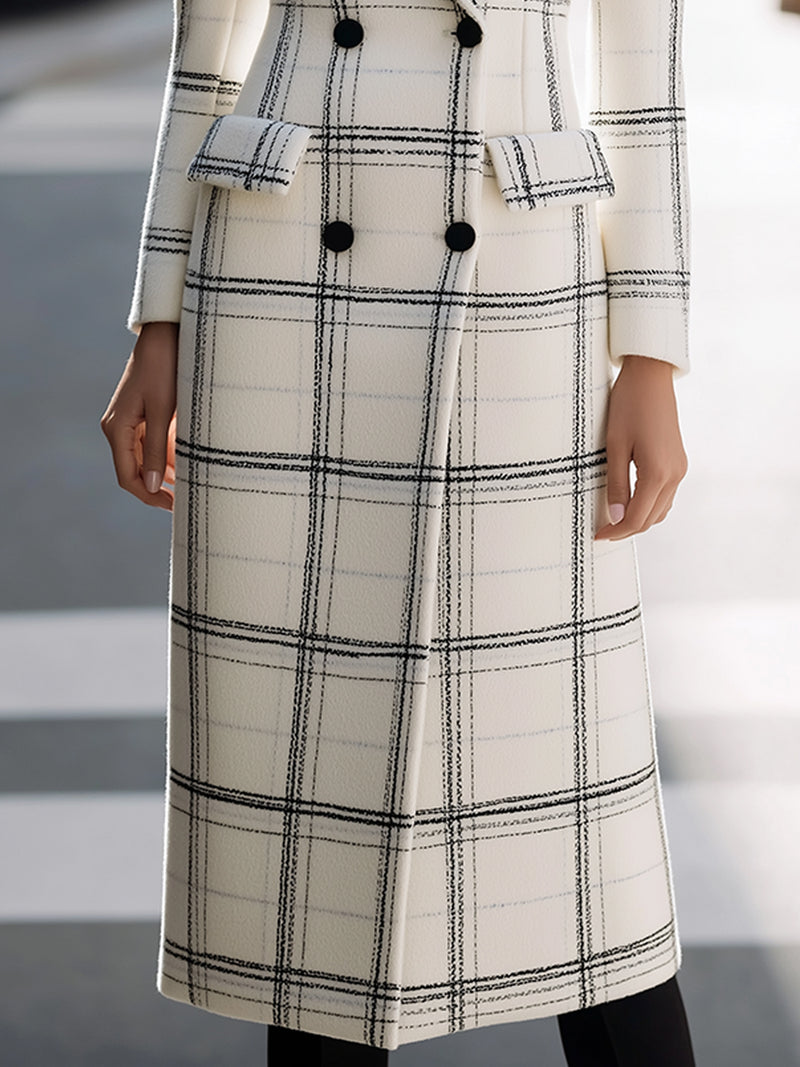 White And Black Checkered Longline Double-Breasted Coat