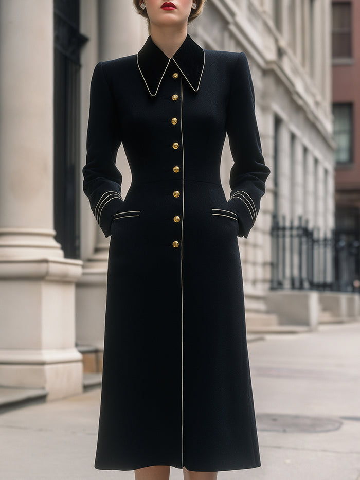Midnight Black Contrast Piping Midi Dress