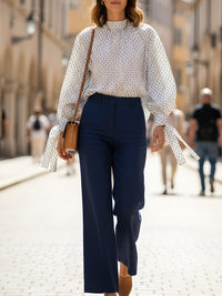 Striped Turtleneck Tie-Sleeve Shirt With Navy Blue Straight-Leg Pants Set