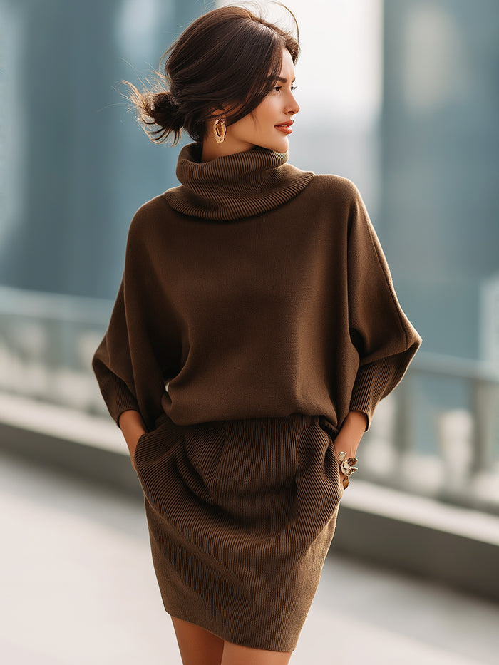 Coffee Brown Turtleneck Batwing Knit Dress