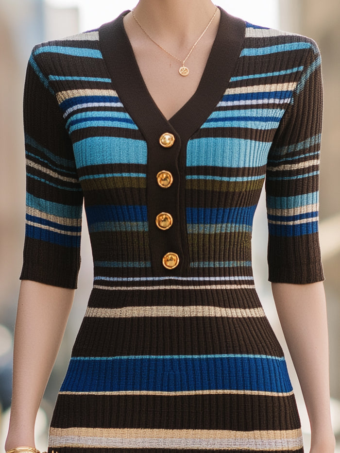 Striped Ribbed Knit Midi Dress With Gold Button Detail