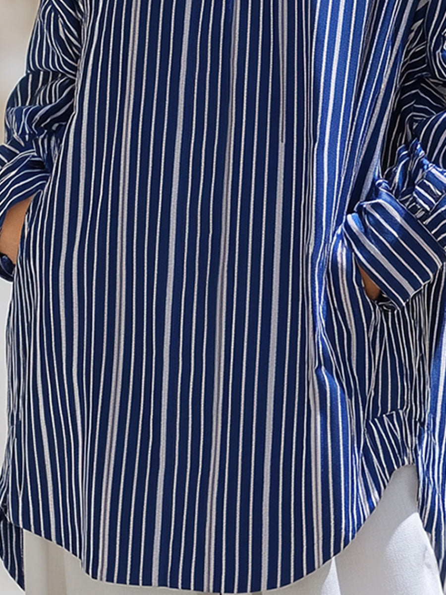 Vertical Stripe Stand-Neck Oversized Shirt