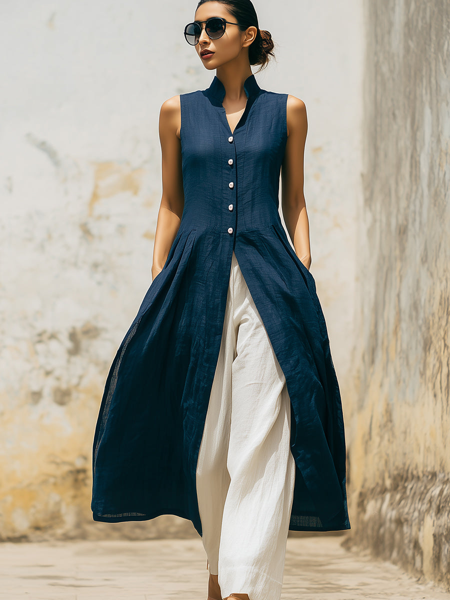 Women’s Sleeveless Linen Blend Long Vest Dress – Button Front Casual Elegant Maxi Tunic