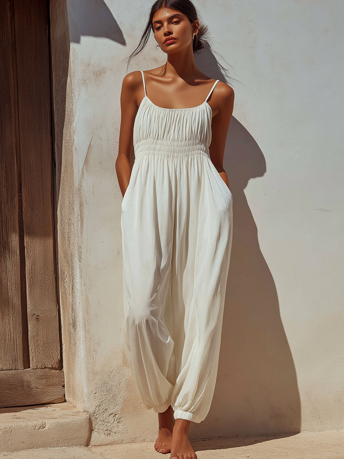 Elegant Smocked Waist Spaghetti Strap Harem Jumpsuit