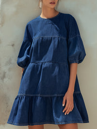 Puff Sleeve Tiered Denim Mini Dress