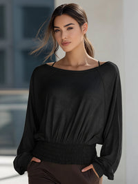 Black Relaxed Boat-Neck Smocked Waist Blouse