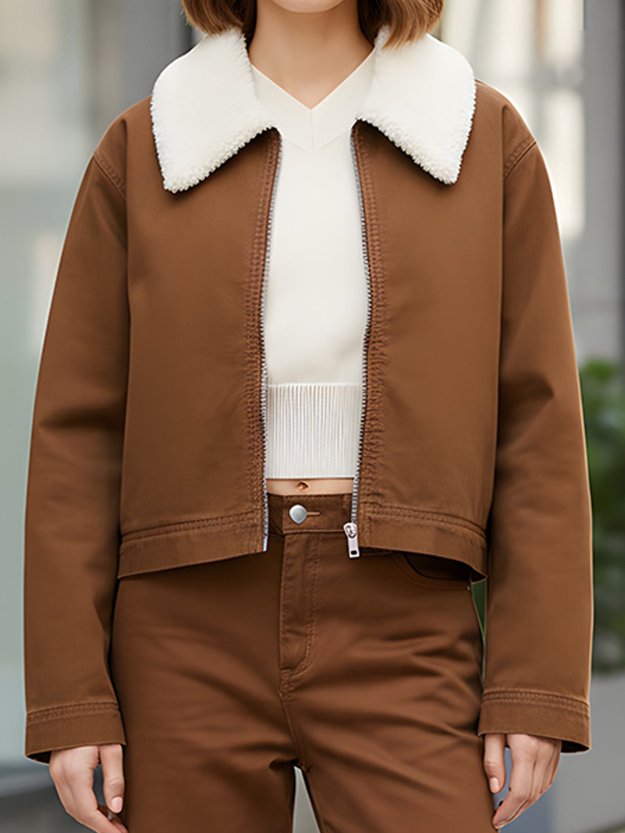 Brown Shearling-Collared Zip-Up Jacket With Wide-Leg Pants