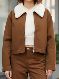 Brown Shearling-Collared Zip-Up Jacket With Wide-Leg Pants