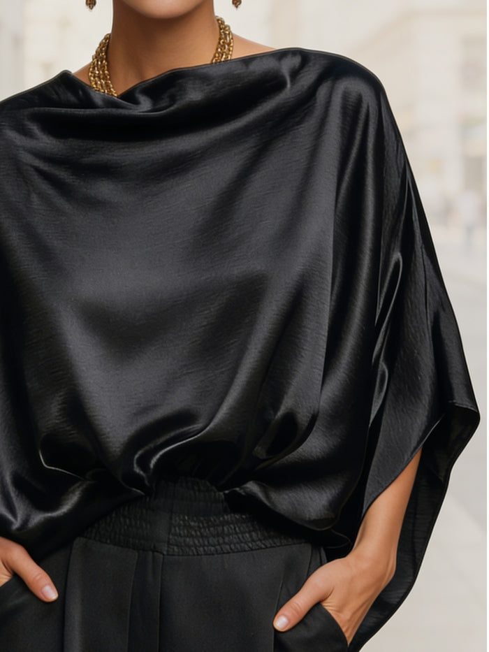 Draped Satin Batwing-Sleeve Blouse
