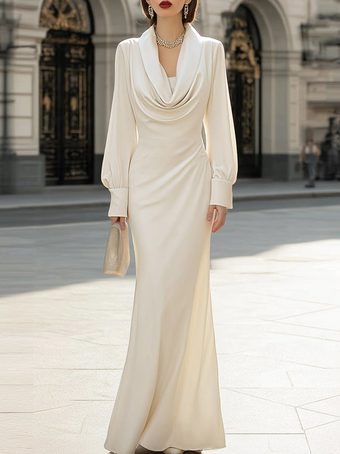 Elegant Satin Cowl Neck Long-Sleeve Evening Gown