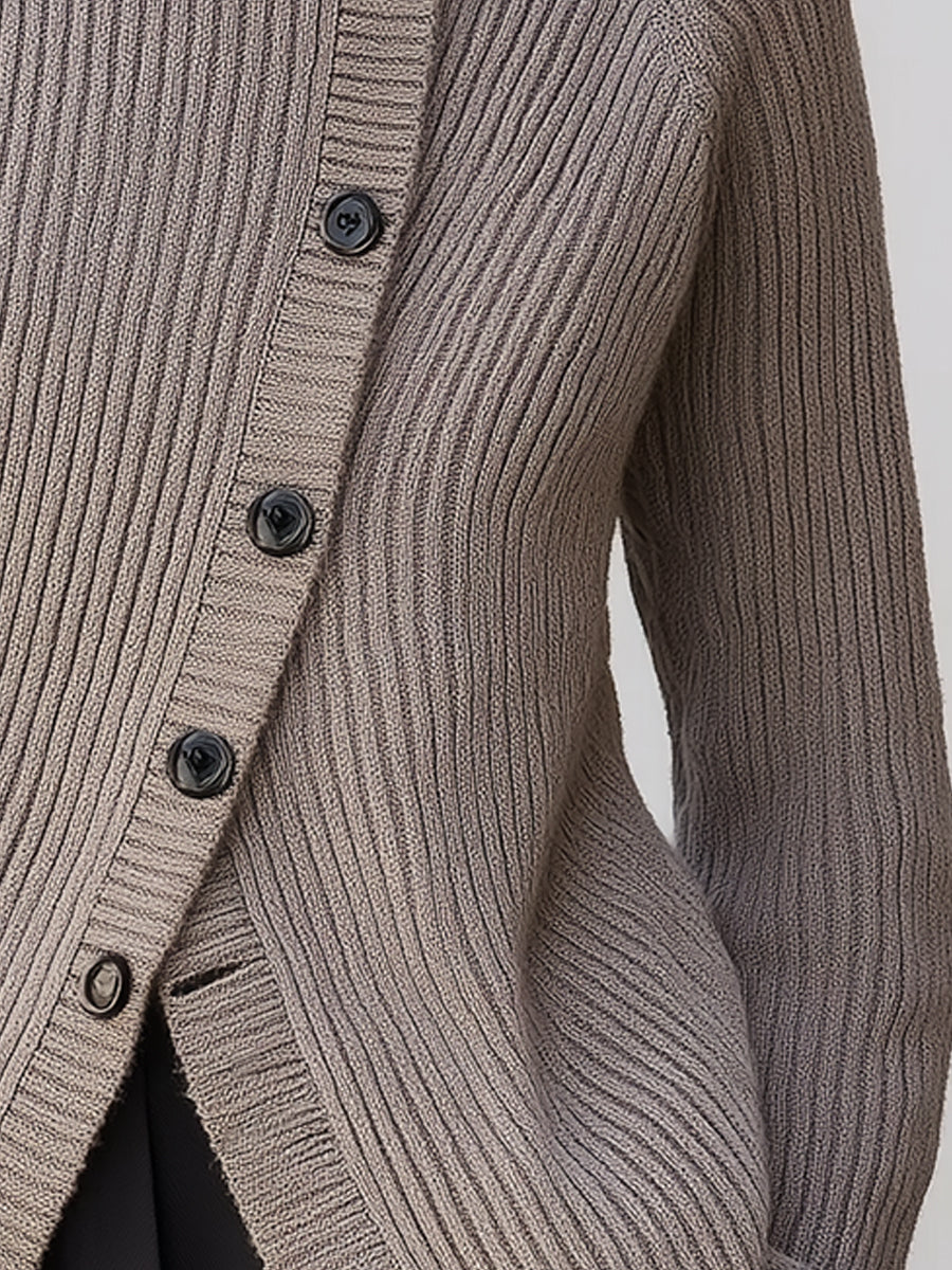 Asymmetric Button-Up High Neck Ribbed Cardigan