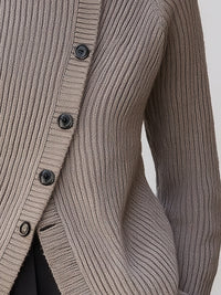 Asymmetric Button-Up High Neck Ribbed Cardigan