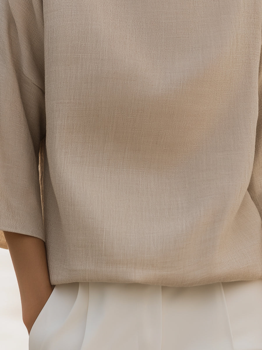 Relaxed Mock-Neck Textured Wide-Sleeve Blouse