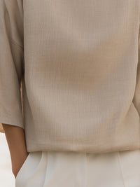 Relaxed Mock-Neck Textured Wide-Sleeve Blouse