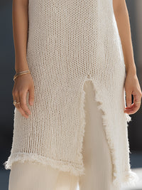 Textured Sleeveless Turtleneck Fringed Knit Tunic