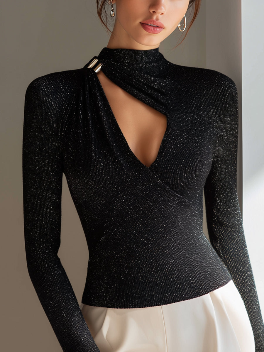Asymmetrical Cutout High-Neck Shimmer Knit Top