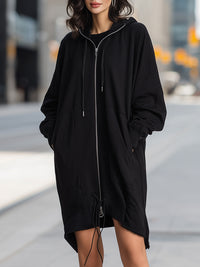 Oversized Hoodie Zip Front Dress With Drawstring Hem