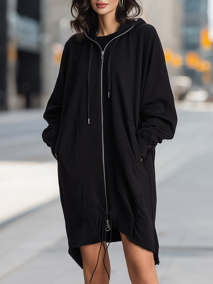 Oversized Hoodie Zip Front Dress With Drawstring Hem