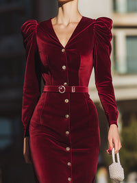 Burgundy Velvet Power Midi Dress