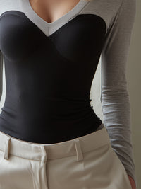 Two-Tone Sweetheart Bustier-Inspired V-Neck Knit Top