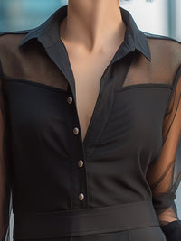 Sheer Panel Button-Front Collared Blouse