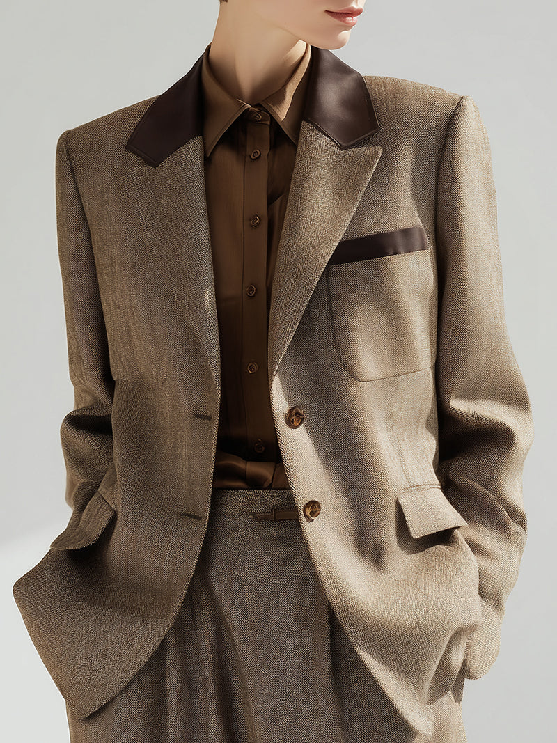Herringbone Blazer And Trouser Suit With Contrast Collar