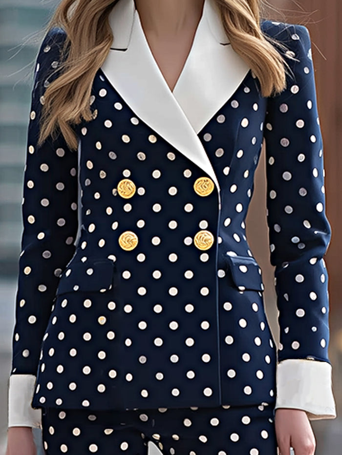 Navy Polka Dot Double-Breasted Blazer And Flared Pants Set