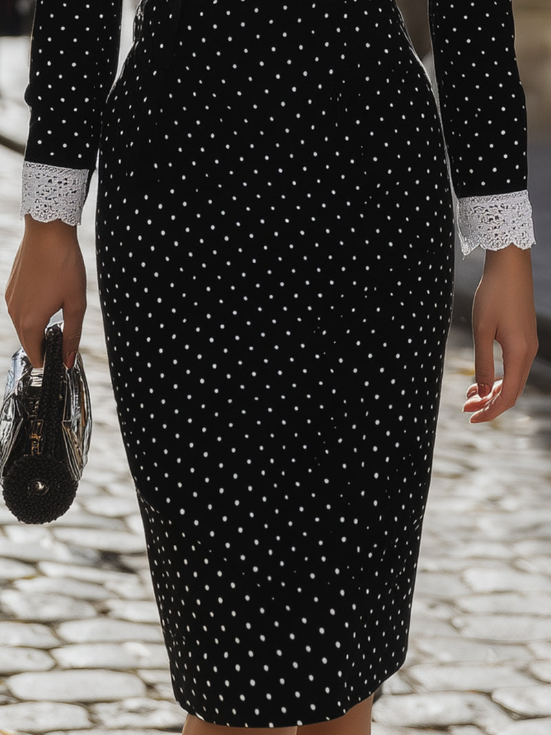 Black Polka Dot Lace Collar Pencil Skirt (detachable Lace Collar)