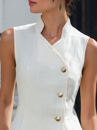 Sleeveless Stand Collar Asymmetric Buttoned Top