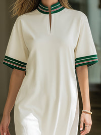 Contrast Trim Stand Neck Short Sleeve Slit Midi Dress
