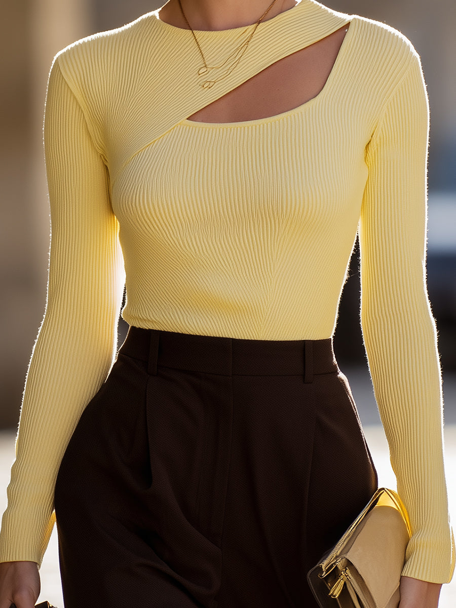 Lemon Yellow Asymmetric Ribbed Knit Top