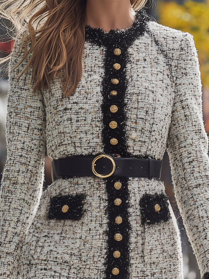 Gold Button Trim Tweed Belted Dress