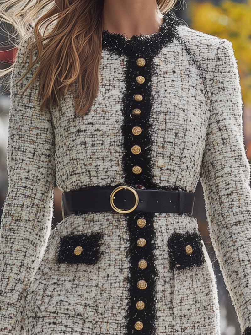 Gold Button Trim Tweed Belted Dress