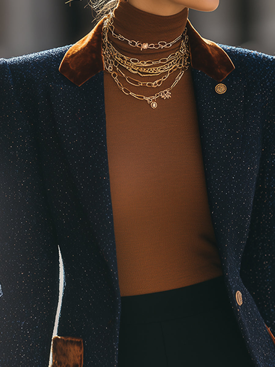 Navy Textured Blazer With Velvet Accents