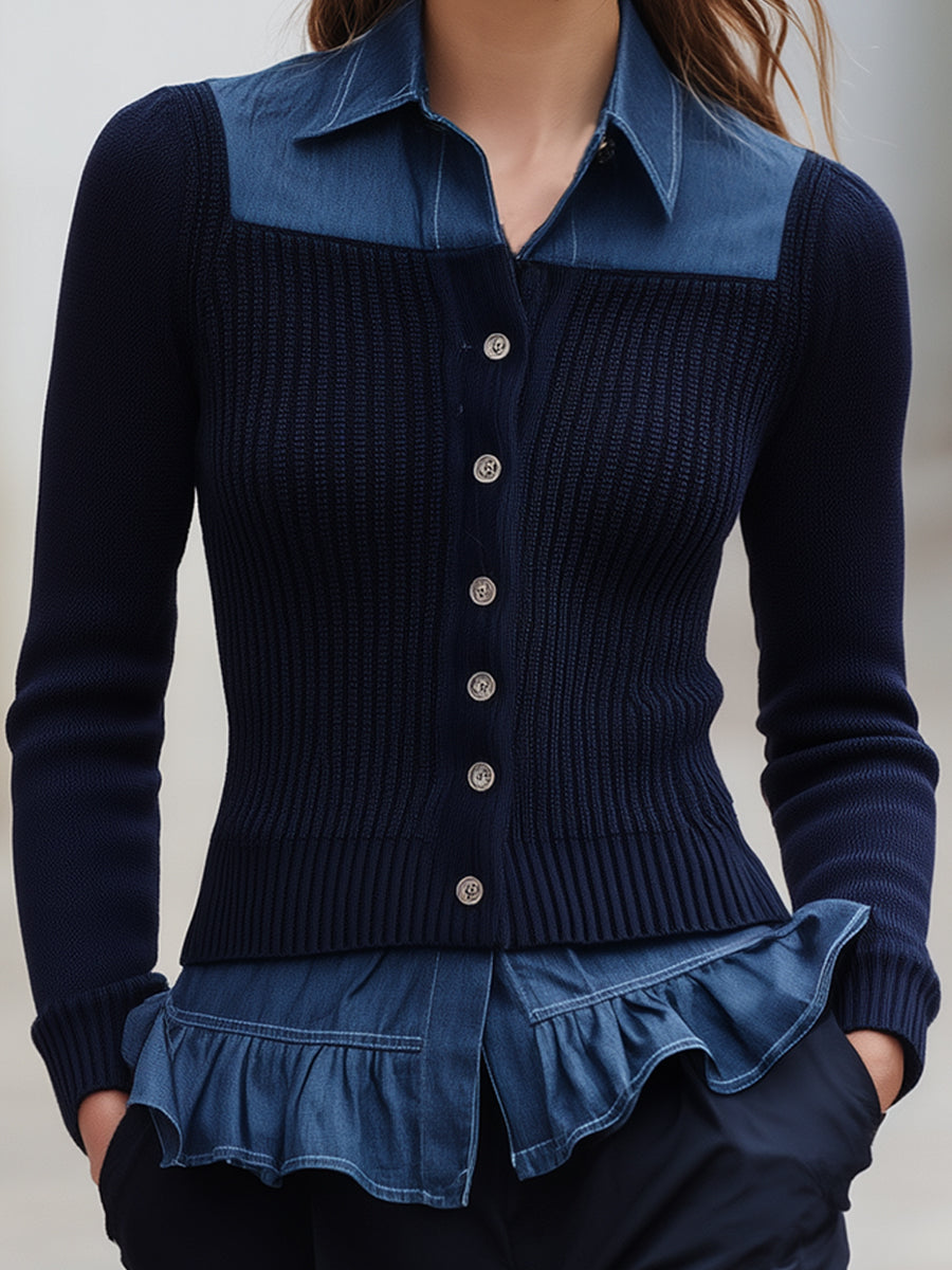 Dual-Texture Denim Collar Knit Button-Up Top