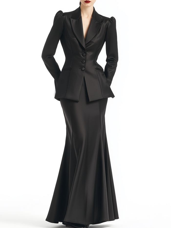 Satin Tailored Blazer And Floor-Length Skirt Set