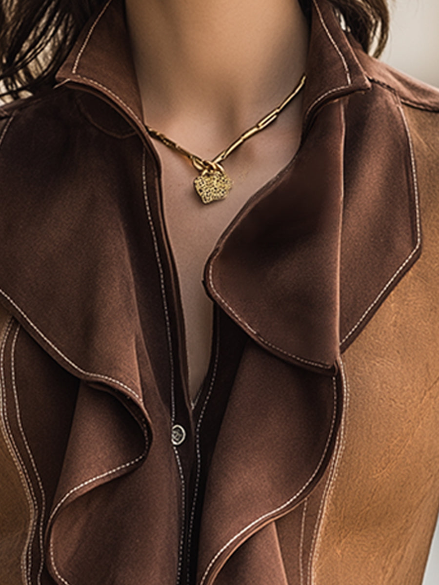 Two-Tone Suede Ruffle-Front Fitted Jacket