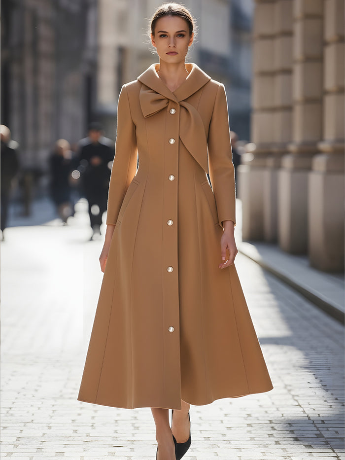 Camel Midi Coat Dress With Oversized Bow Collar