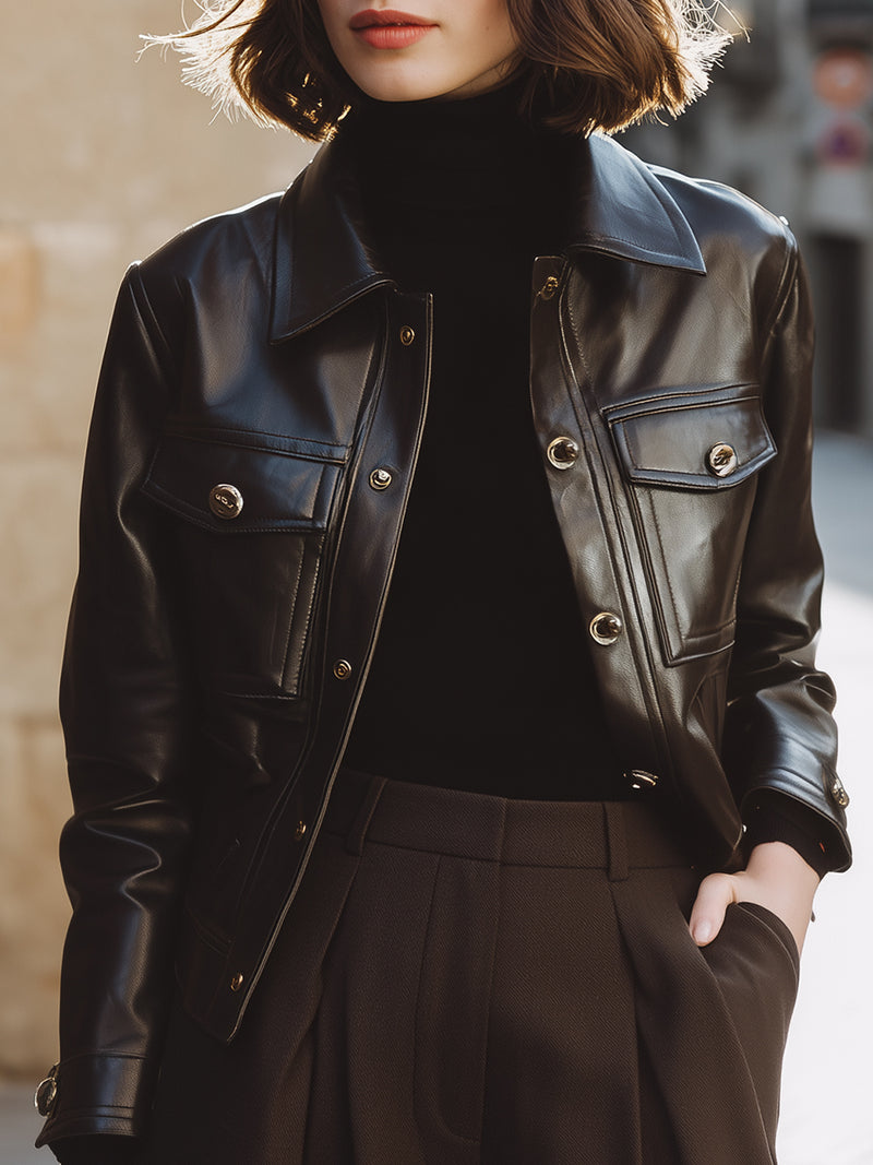 Chocolate Faux Leather Button-Up Jacket