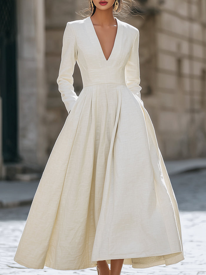 Ivory Deep V-Neck Long Sleeve A-Line Maxi Dress