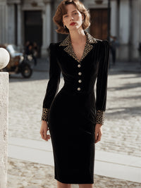 Black Velvet Pencil Dress With Leopard Trim