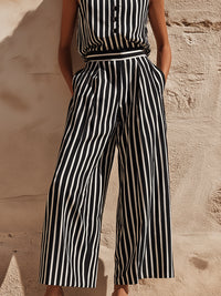 Monochrome Striped Sleeveless Wide-Leg Jumpsuit