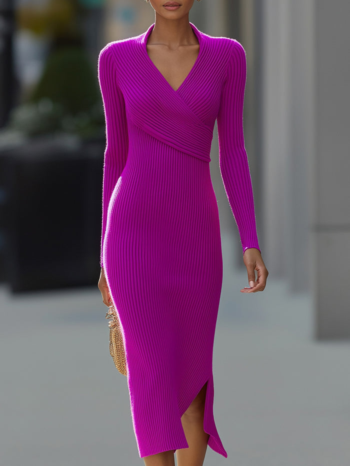 Fuchsia Ribbed Knit Wrap Midi Dress