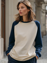 Navy And Cream Contrast Raglan Long-Sleeve Top