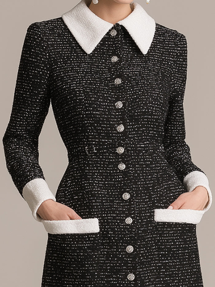 Contrast-Collar Tweed Midi Dress