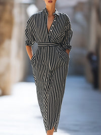 Vertical Stripe Belted Shirt Maxi Dress