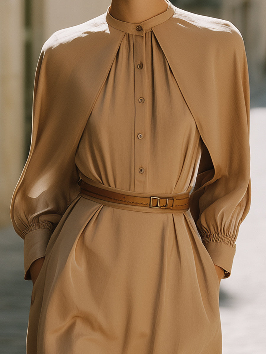 Camel Cape-Overlay Belted Shirt Dress