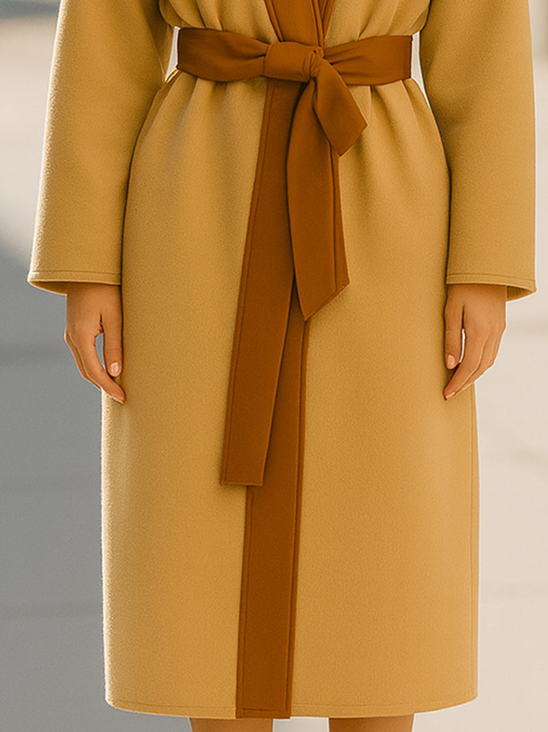 Wrap Coat With Contrast Trim And Tie Belt